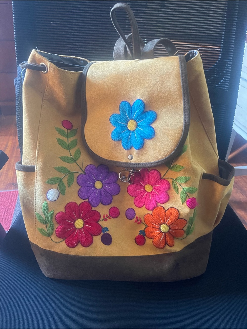 Mustard Floral Embroidered Suede Backpack
